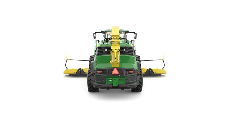 A rear-facing green F9 1000 self-propelled forage harvester with a yellow header on a white background.