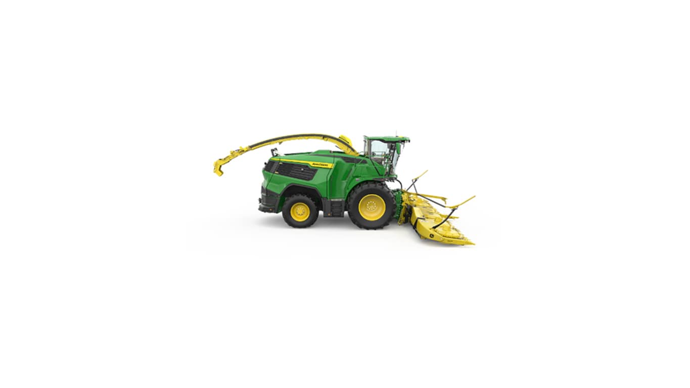 A right-facing green F9 1000 self-propelled forage harvester with a yellow header on a white background.