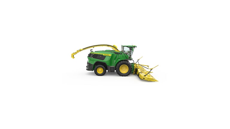 A right-facing green F9 1000 self-propelled forage harvester with a yellow header on a white background.