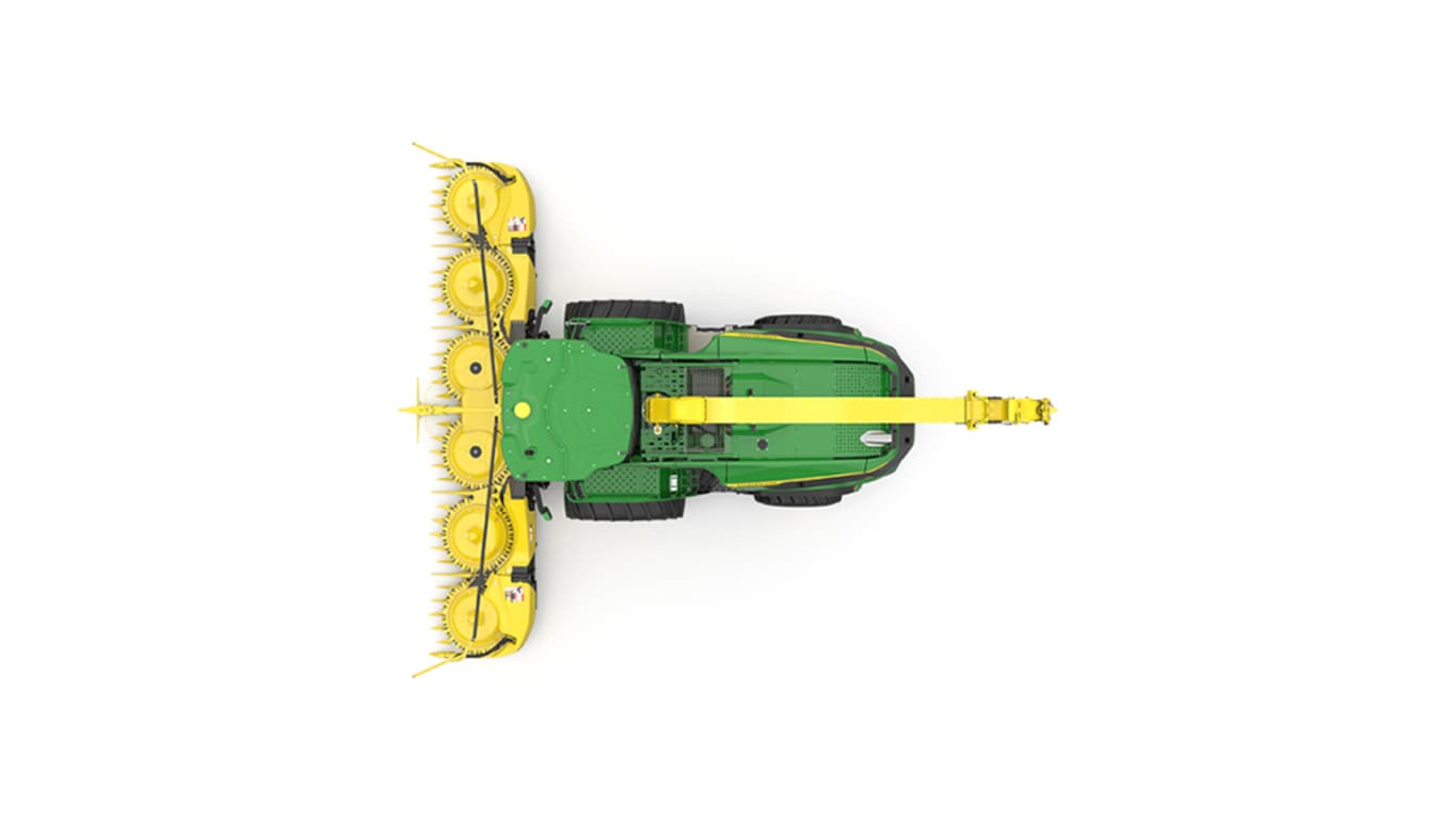 A top-facing green F9 1000 self-propelled forage harvester with a yellow header on a white background.