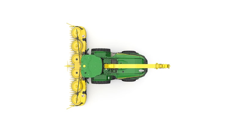 A top-facing green F9 1000 self-propelled forage harvester with a yellow header on a white background.
