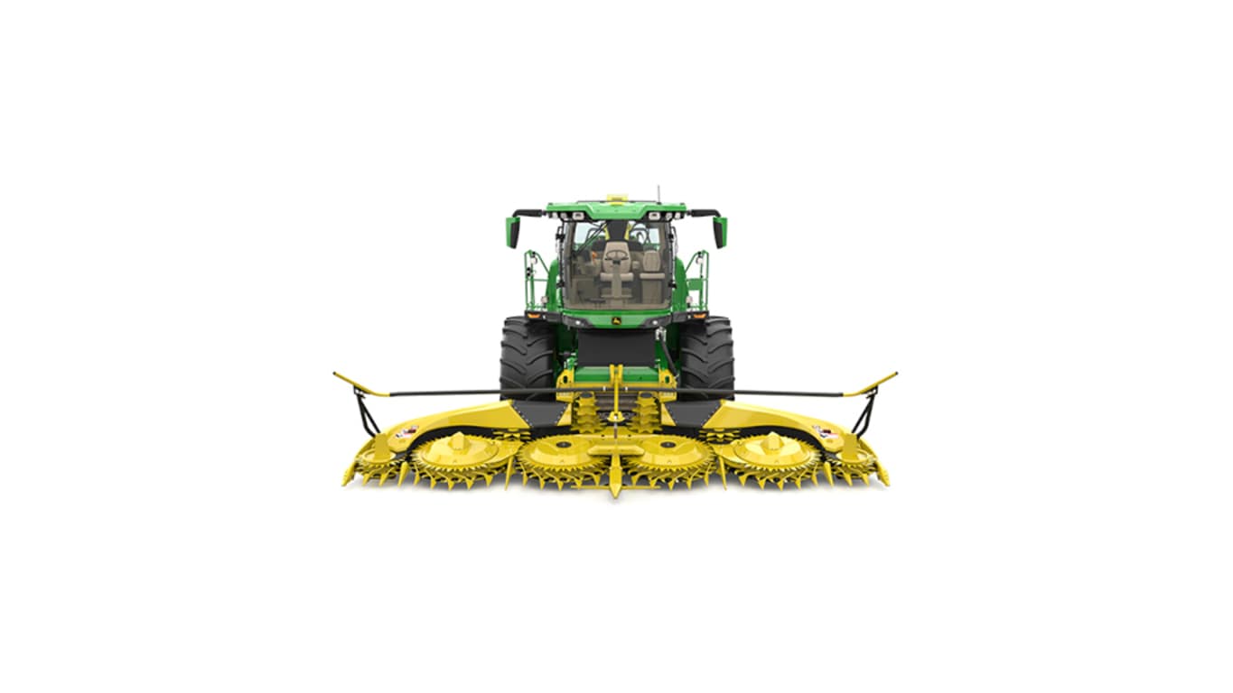 A front-facing green F9 500 self-propelled forage harvester with a yellow header on a white background.
