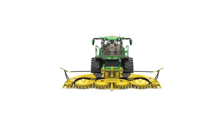 A front-facing green F9 500 self-propelled forage harvester with a yellow header on a white background.