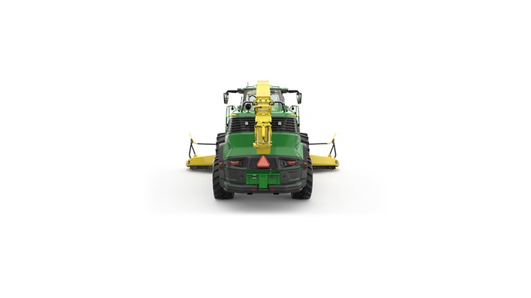 A rear-facing green F9 500 self-propelled forage harvester with a yellow header on a white background.