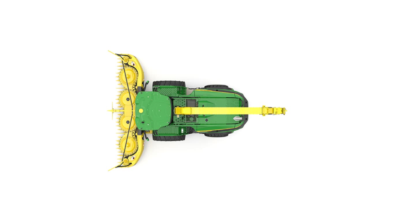 A top-facing green F9 500 self-propelled forage harvester with a yellow header on a white background.