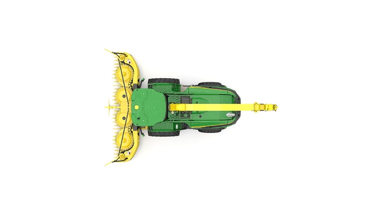 A top-facing green F9 500 self-propelled forage harvester with a yellow header on a white background.