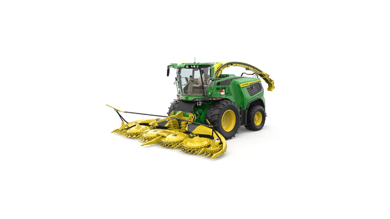 A front-right-facing green F9 600 self-propelled forage harvester with a yellow header on a white background.