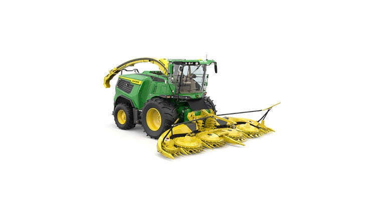 A front-right-facing green F9 600 self-propelled forage harvester with a yellow header on a white background.