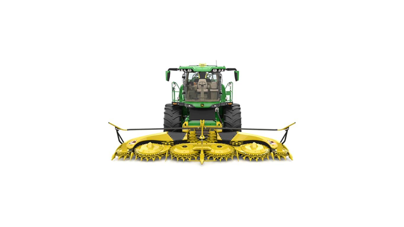 A front-facing green F9 600 self-propelled forage harvester with a yellow header on a white background.