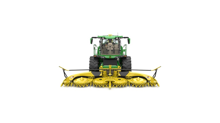 A front-facing green F9 600 self-propelled forage harvester with a yellow header on a white background.