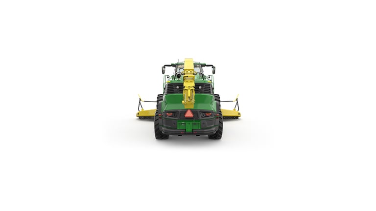 A rear-facing green F9 600 self-propelled forage harvester with a yellow header on a white background.
