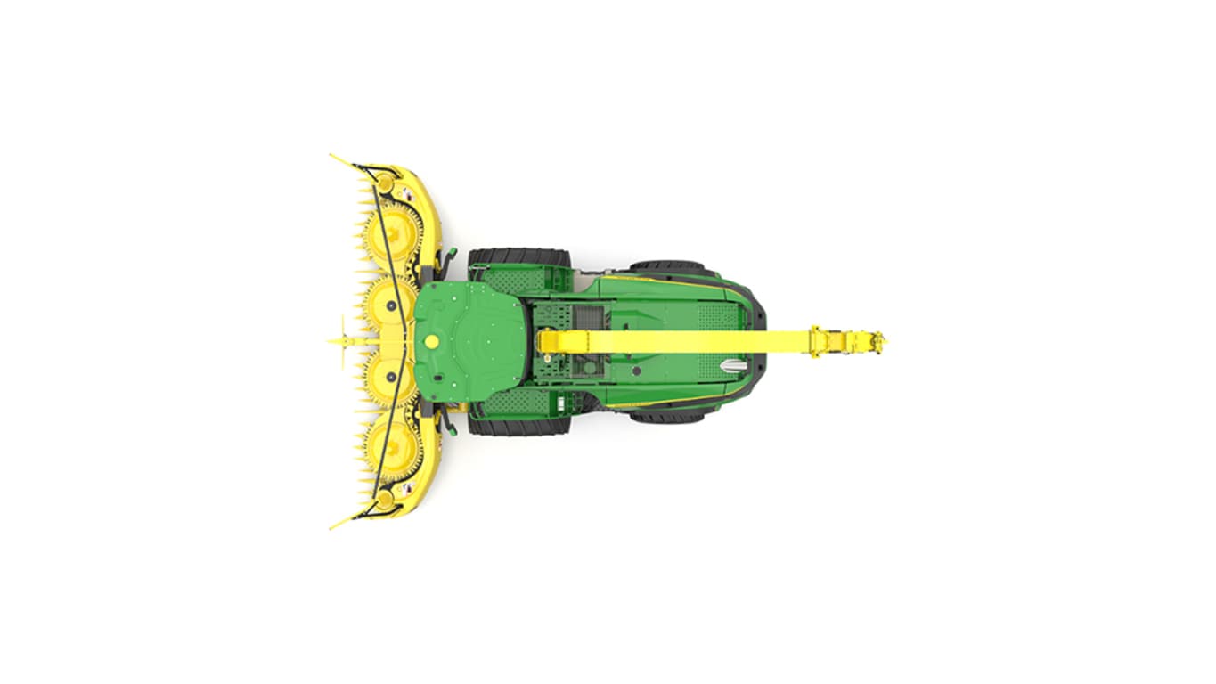 A top-facing green F9 600 self-propelled forage harvester with a yellow header on a white background.