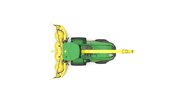 A top-facing green F9 600 self-propelled forage harvester with a yellow header on a white background.