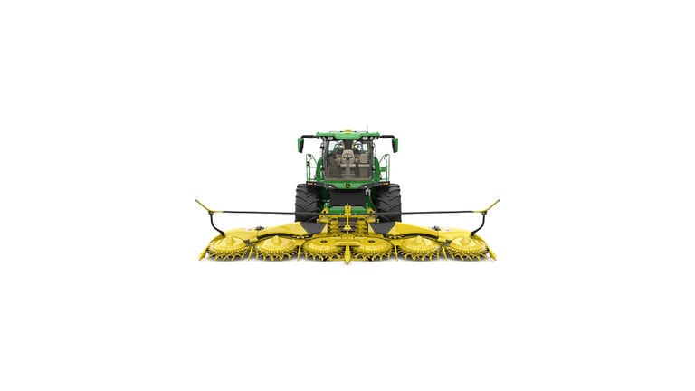A front-facing green F9 700 self-propelled forage harvester with a yellow header on a white background.