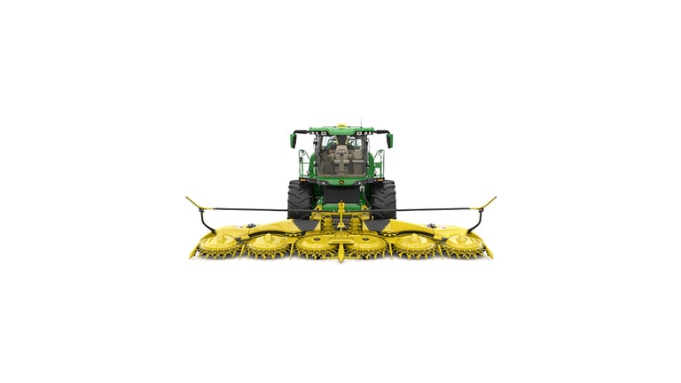 A front-facing green F9 900 self-propelled forage harvester with a yellow header on a white background.