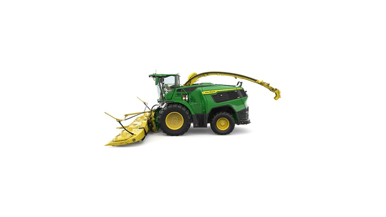 A left-facing green F9 900 self-propelled forage harvester with a yellow header on a white background.