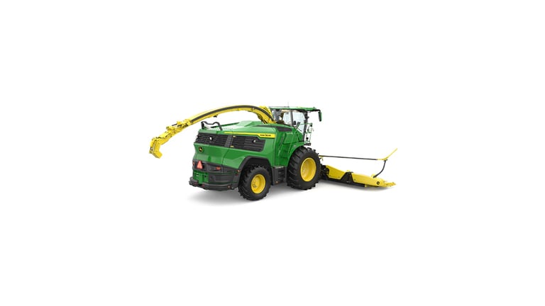 A rear-right-facing green F9 900 self-propelled forage harvester with a yellow header on a white background.