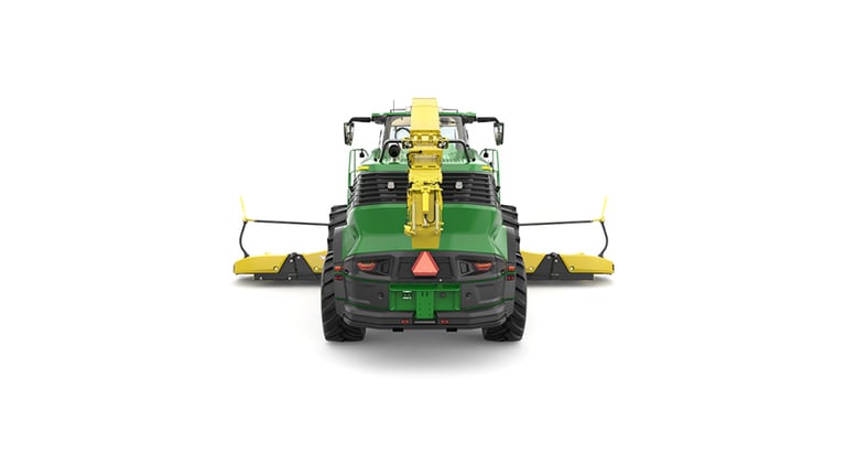 A rear-facing green F9 900 self-propelled forage harvester with a yellow header on a white background.