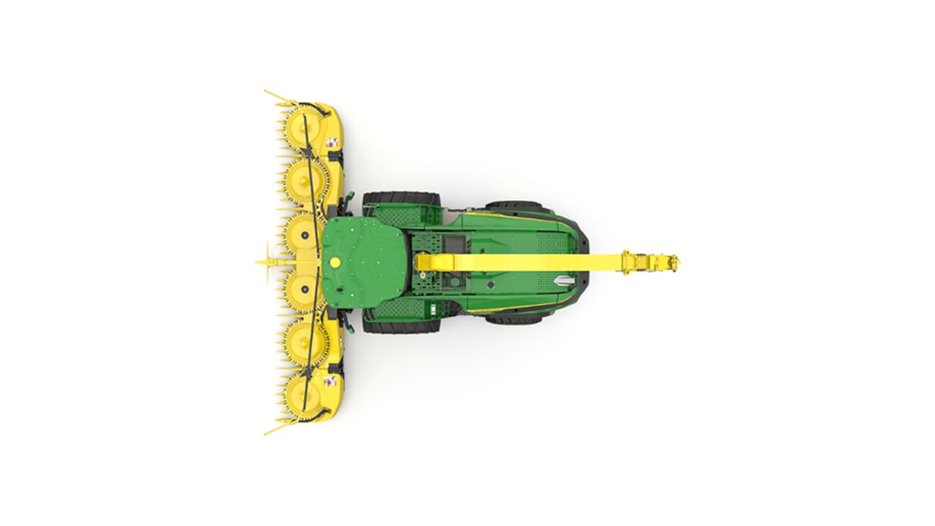 A top-facing green F9 900 self-propelled forage harvester with a yellow header on a white background.