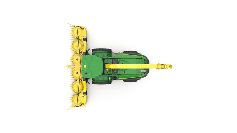 A top-facing green F9 900 self-propelled forage harvester with a yellow header on a white background.