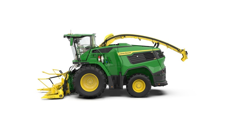 A left-facing green F8 100 self-propelled forage harvester with a yellow header on a white background.