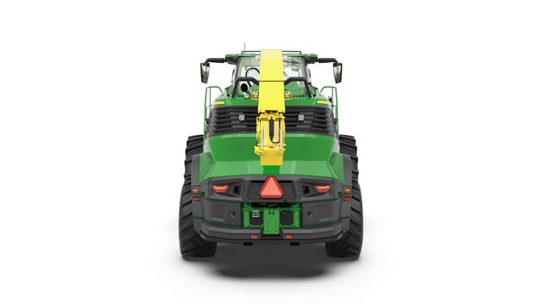A rear-facing green F8 100 self-propelled forage harvester with a yellow header on a white background.