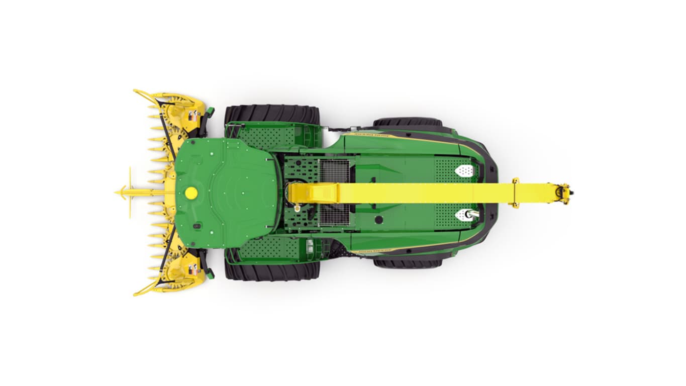 A top-facing green F8 100 self-propelled forage harvester with a yellow header on a white background.