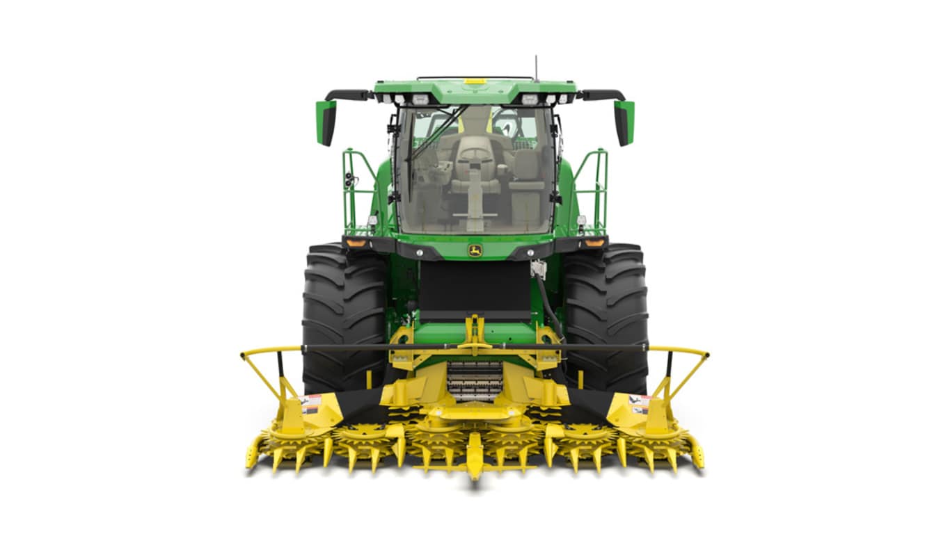 A front-facing green F8 200 self-propelled forage harvester with a yellow header on a white background.
