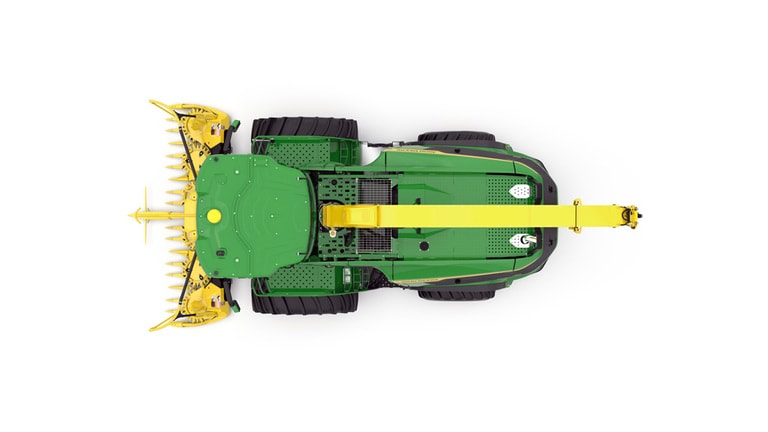 A top-facing green F8 200 self-propelled forage harvester with a yellow header on a white background.