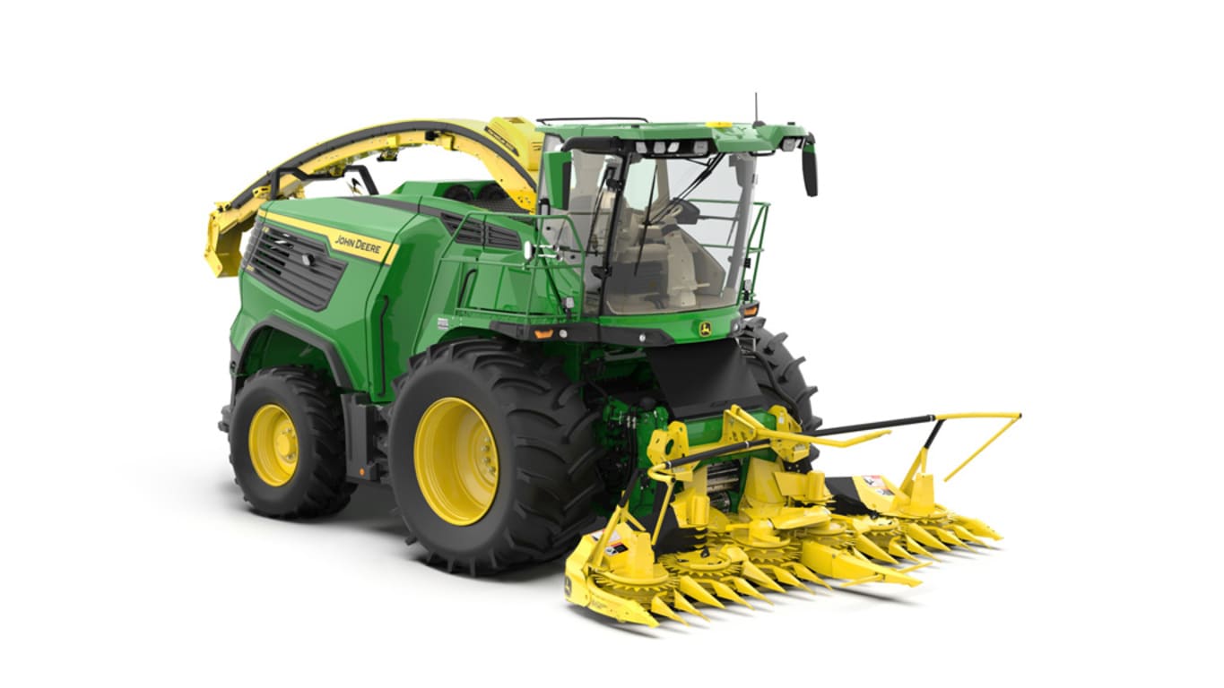 A front-right-facing green F8 300 self-propelled forage harvester with a yellow header on a white background.