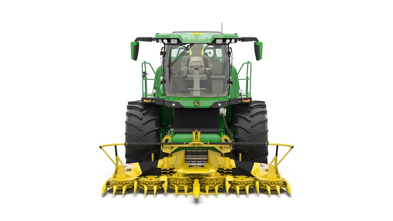 A front-facing green F8 300 self-propelled forage harvester with a yellow header on a white background.