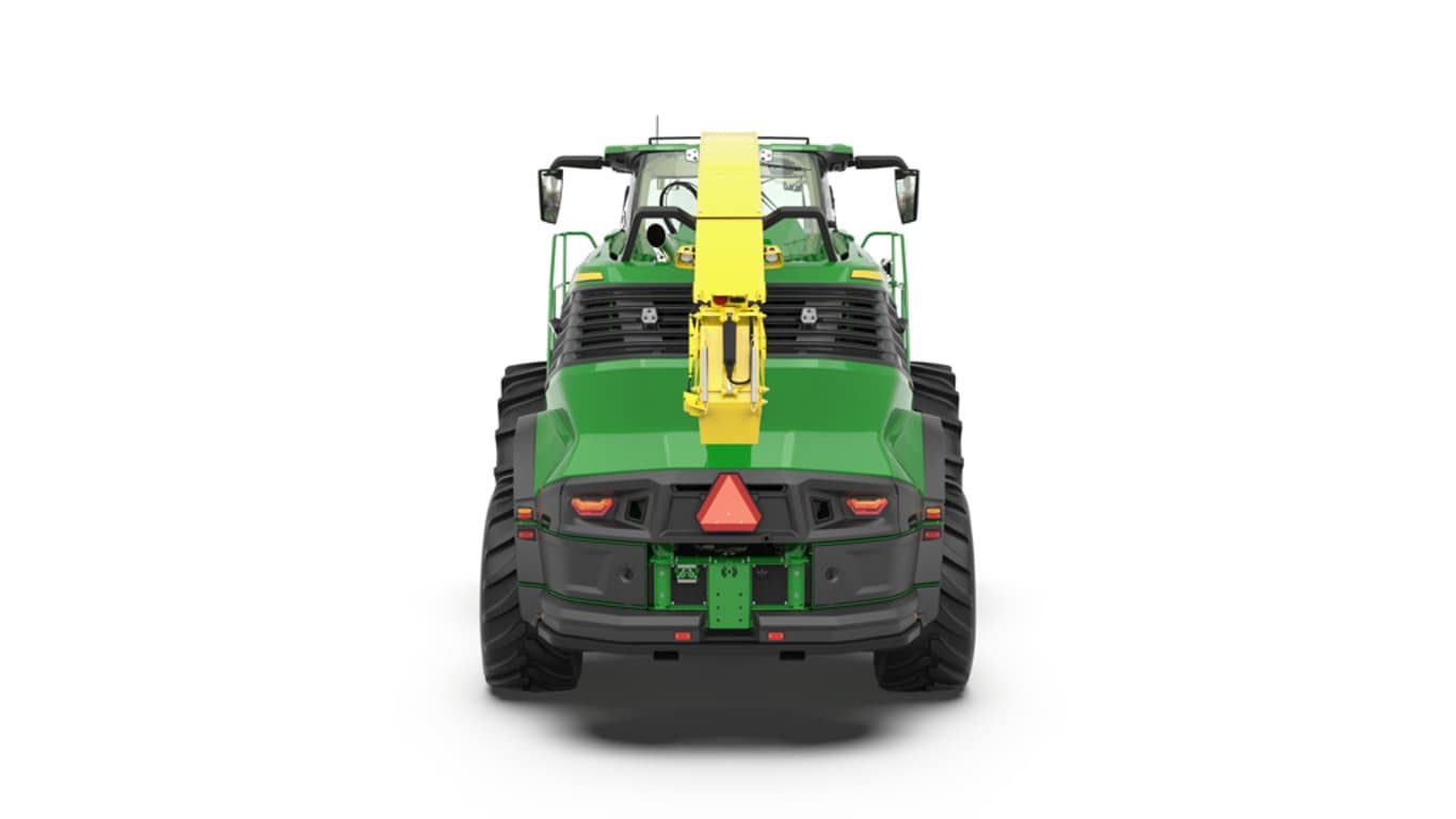 A rear-facing green F8 300 self-propelled forage harvester with a yellow header on a white background.