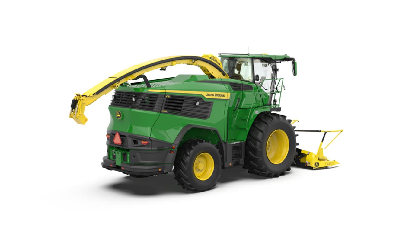A rear-right-facing green F8 400 self-propelled forage harvester with a yellow header on a white background.