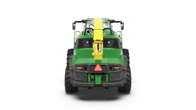 A rear-facing green F8 400 self-propelled forage harvester with a yellow header on a white background.