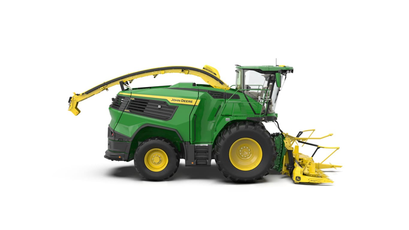 A right-facing green F8 400 self-propelled forage harvester with a yellow header on a white background.
