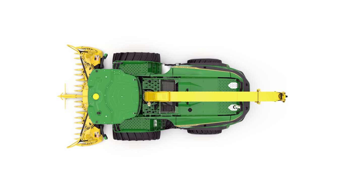 A top-facing green F8 400 self-propelled forage harvester with a yellow header on a white background.