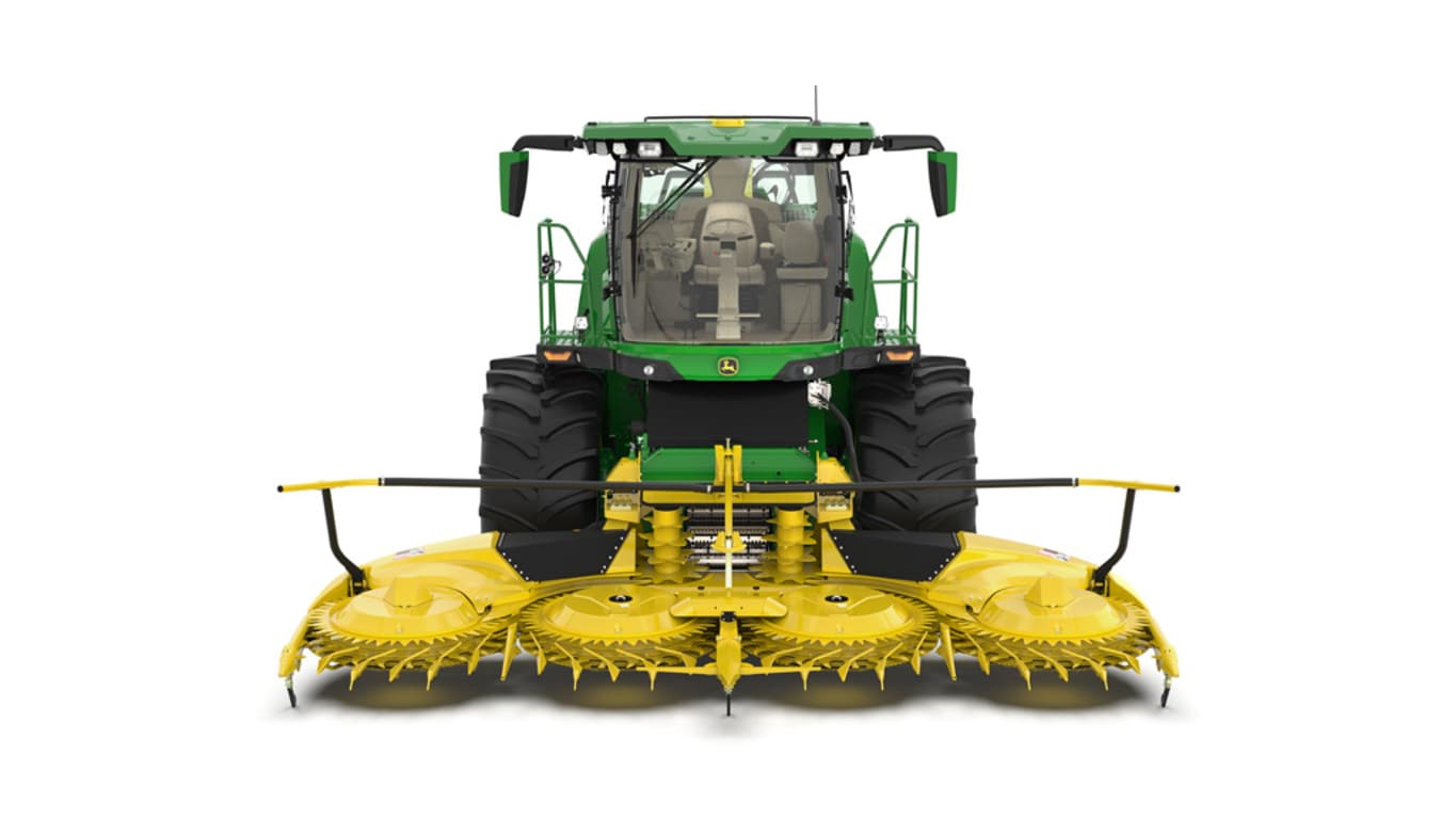A front-facing green F8 600 self-propelled forage harvester with a yellow header on a white background.