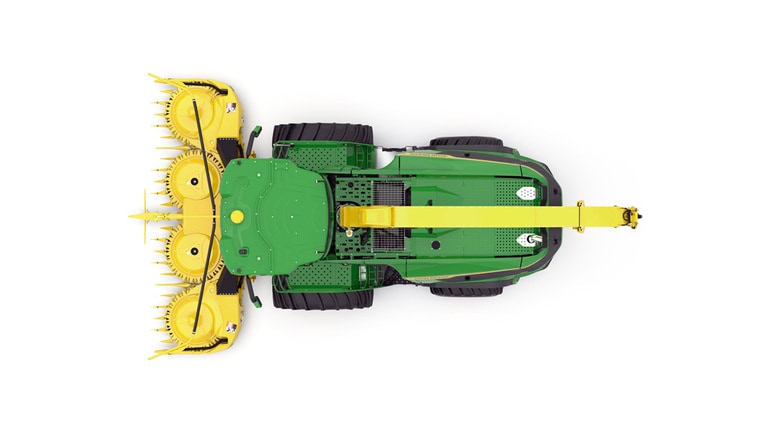 A top-facing green F8 600 self-propelled forage harvester with a yellow header on a white background.
