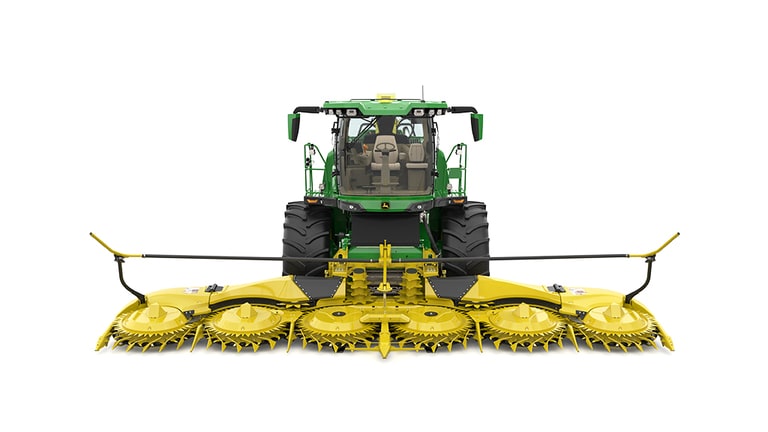 A front-facing green F9 1000 self-propelled forage harvester with a yellow header on a white background.