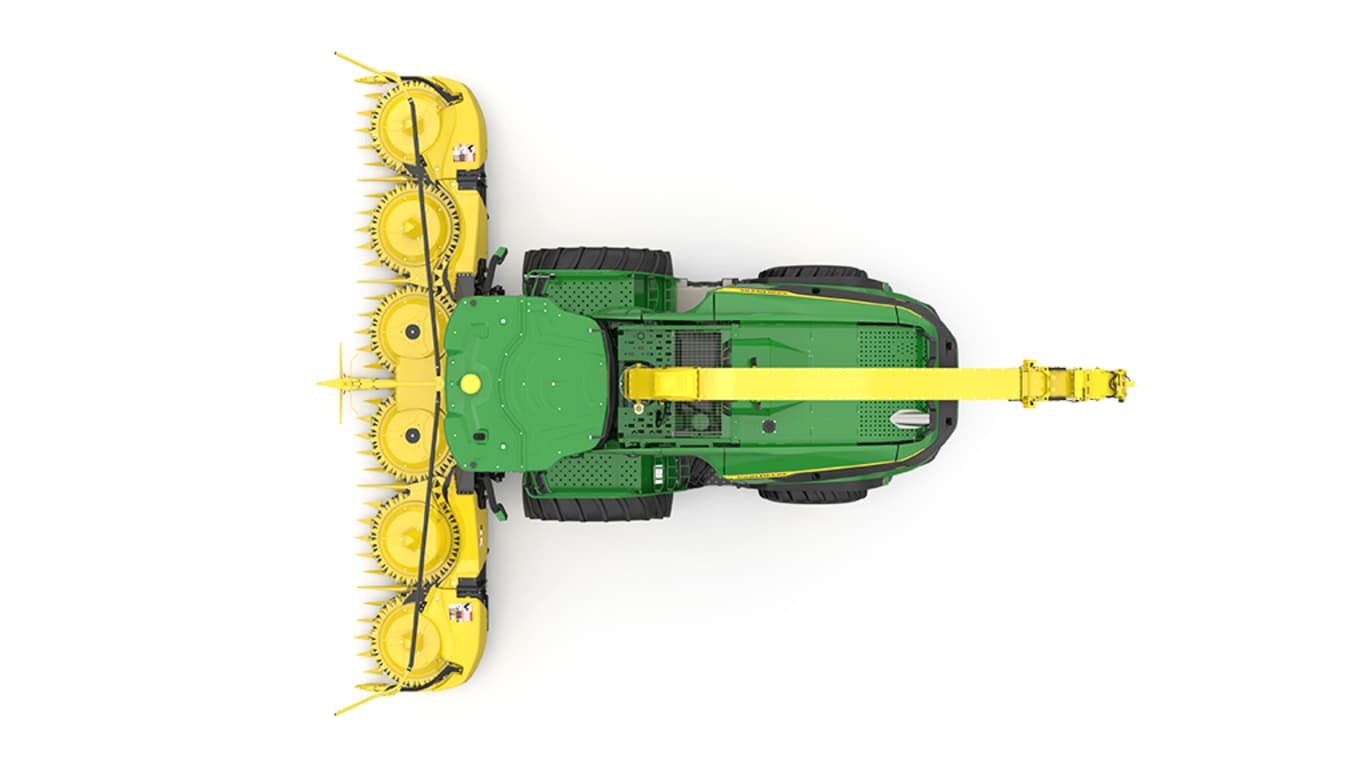A top-facing green F9 1000 self-propelled forage harvester with a yellow header on a white background.