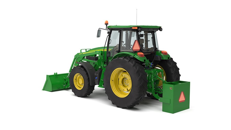 Rear left Studio rendering of 600M Loader on a 6105E Tractor