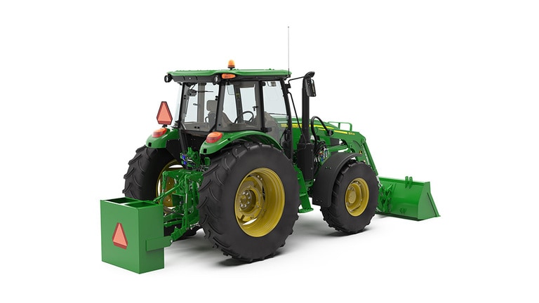 Rear left Studio rendering of 600M Loader on a 6105E Tractor