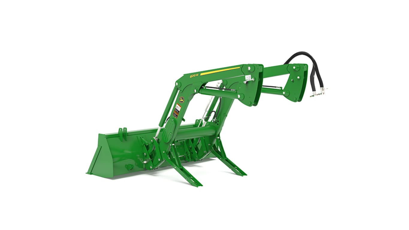 Rear left Studio rendering of 600M Loader on a 6105E Tractor