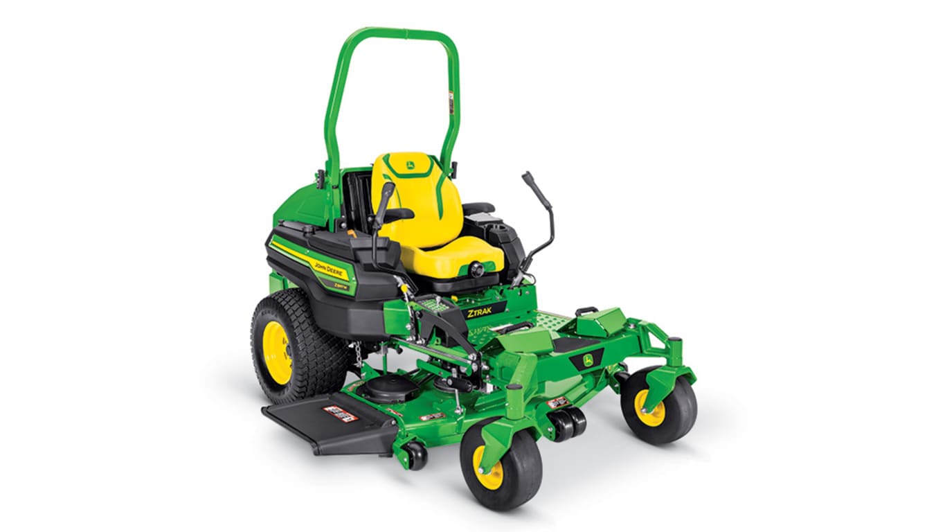 A front-right-facing green zero-turn mower with a yellow seat and green mowing deck on a white background.