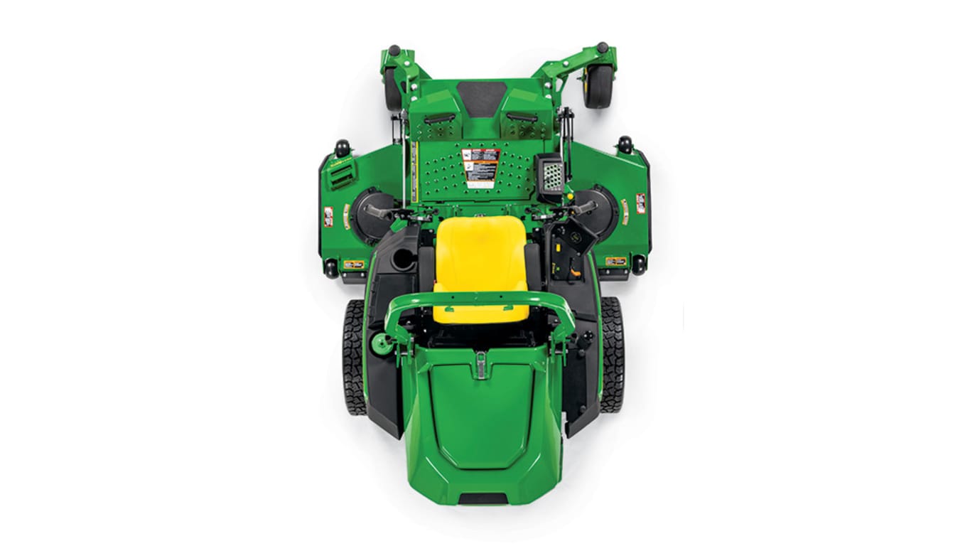 A top-down-facing green zero-turn mower with a yellow seat and green mowing deck on a white background.