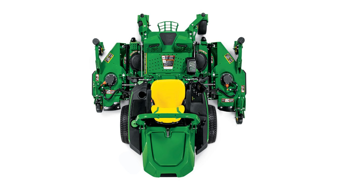 A top-down-facing green zero-turn mower with a yellow seat and green mowing deck on a white background.