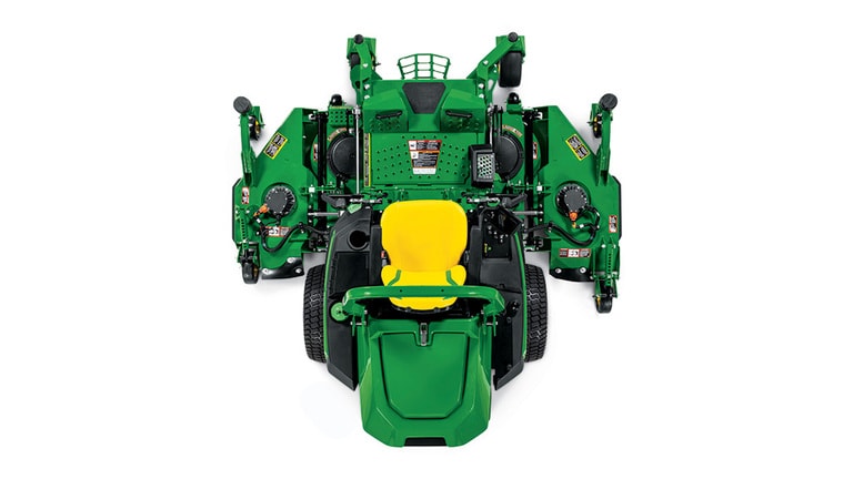 A top-down-facing green zero-turn mower with a yellow seat and green mowing deck on a white background.
