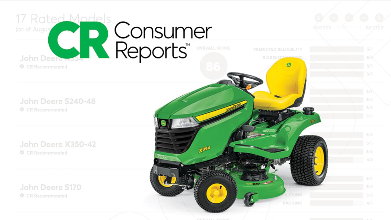 An X354 lawn tractor overlaying a sample consumer report in the background