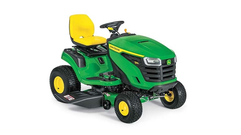 A front-right-facing green riding mower with a yellow seat and green mowing deck on a white background.