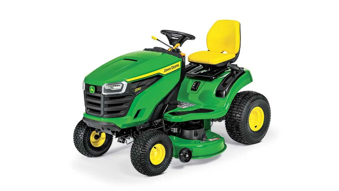 A front-left-facing green riding mower with a yellow seat and green mowing deck on a white background.